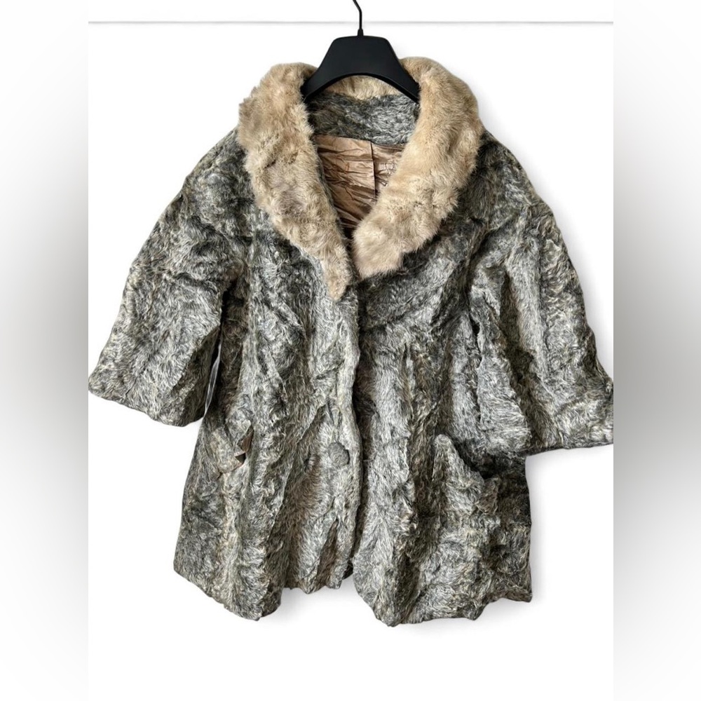 Vintage Grey Faux Fur Swing Coat w Mink Collar Retro 60s Jacket